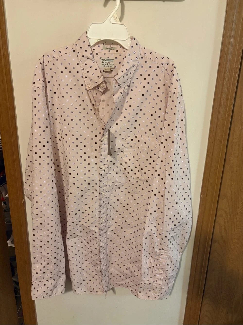 J. Crew Men’s Light Pink Button-Down with Navy Geometric Print